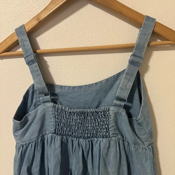 Urban Outfitters Lindsay Button-Up Chambray Mini Dress Blue Smocked Sleeveless-S - Picture 4 of 10